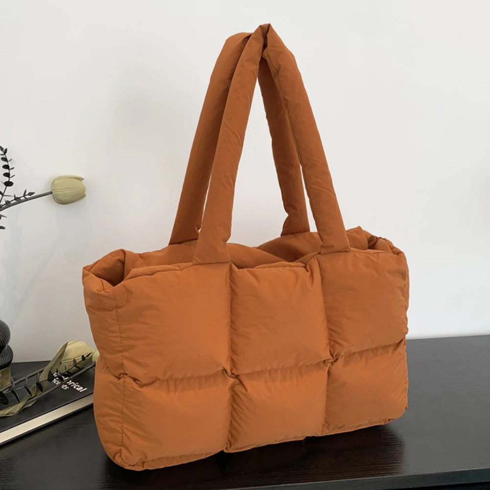Women Puffer Shoulder Bag Solid Color Quilted Fashion Shopping Bag Large Capacity Soft Cloud Tote Bag Trendy Commuting Bags