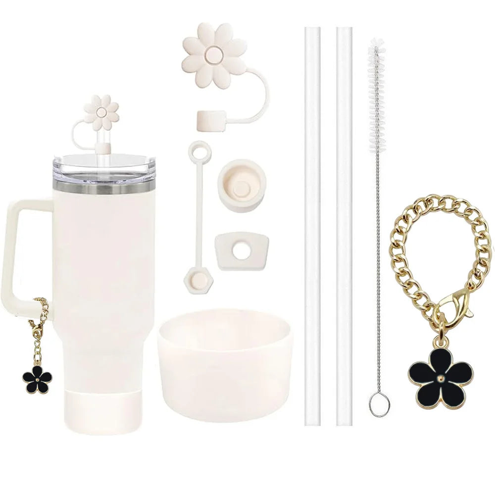 9pcs Accessories Set 3 Spill Proof Stopper Flowers Straw Cover Boot 2 Straw and Brush and 1 Flower Charm Chain for Stanley Cup Shop1103950439 Store