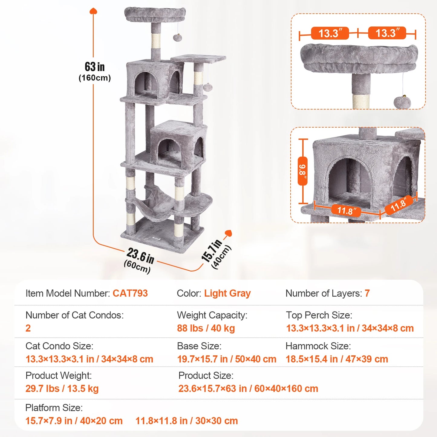 45.2" Cat Tower with Cat Condo Sisal Scratching Post