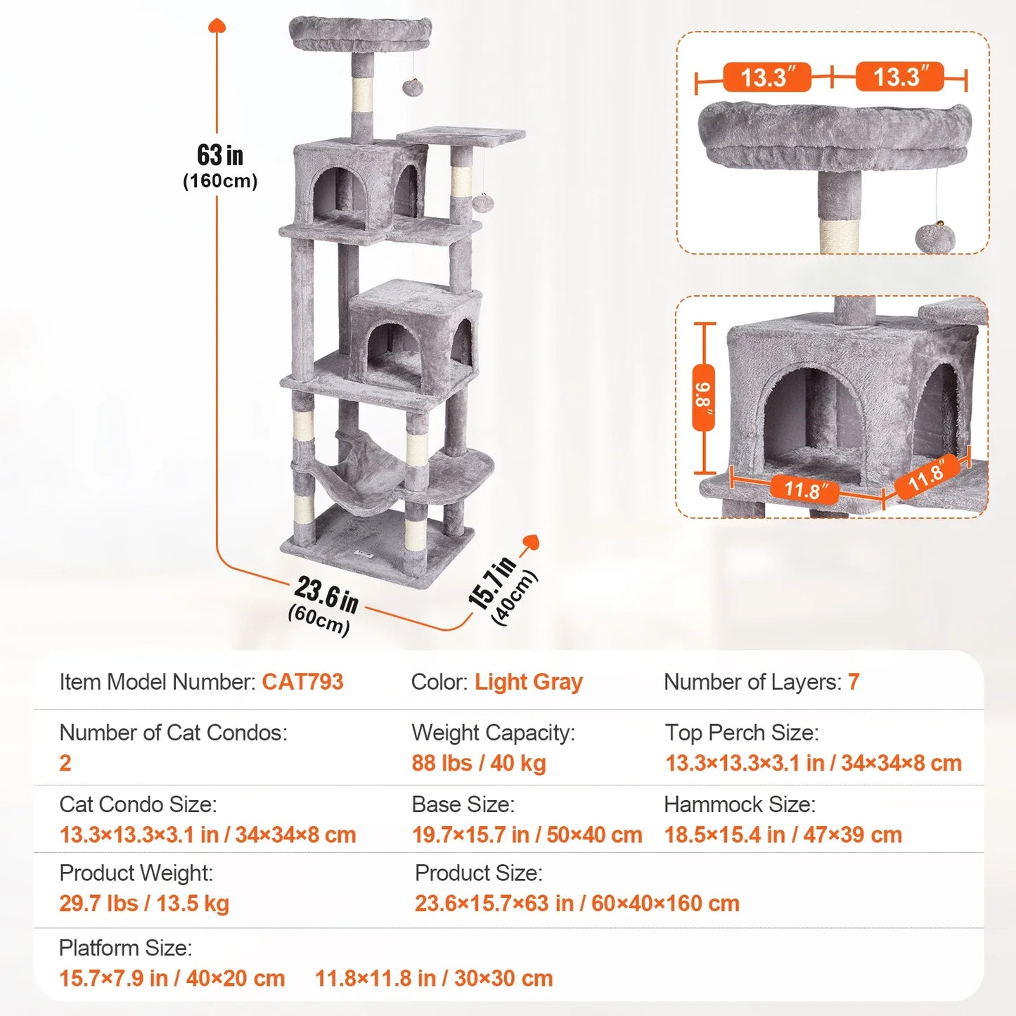 45.2" Cat Tower with Cat Condo Sisal Scratching Post