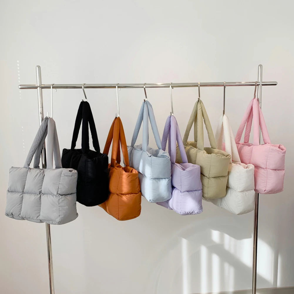 Women Puffer Shoulder Bag Solid Color Quilted Fashion Shopping Bag Large Capacity Soft Cloud Tote Bag Trendy Commuting Bags