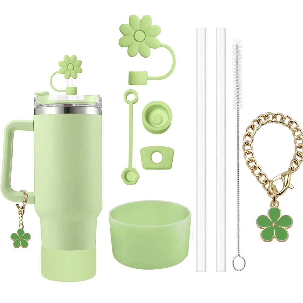 9pcs Accessories Set 3 Spill Proof Stopper Flowers Straw Cover Boot 2 Straw and Brush and 1 Flower Charm Chain for Stanley Cup Shop1103950439 Store