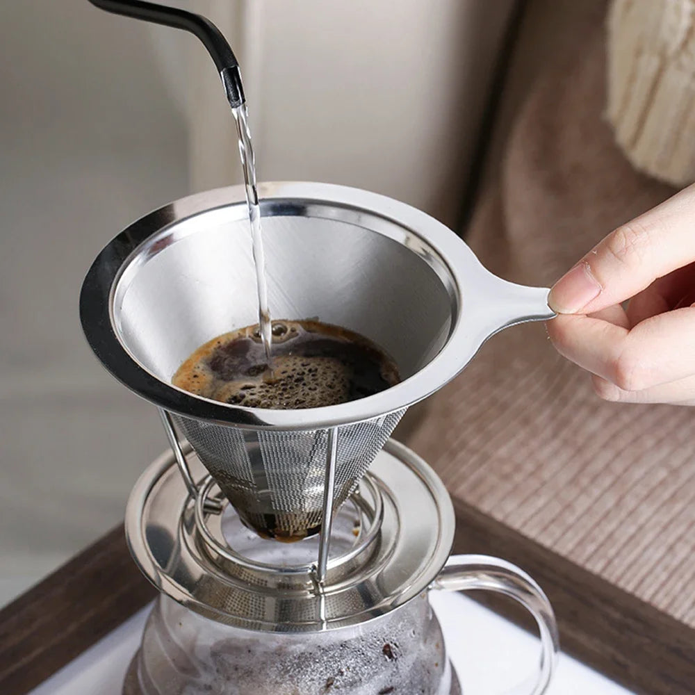 Reusable Double Layer Stainless Steel Coffee Filter with Stand Holder Pour Over Coffee Dripper Mesh Coffee Tea Filter Basket