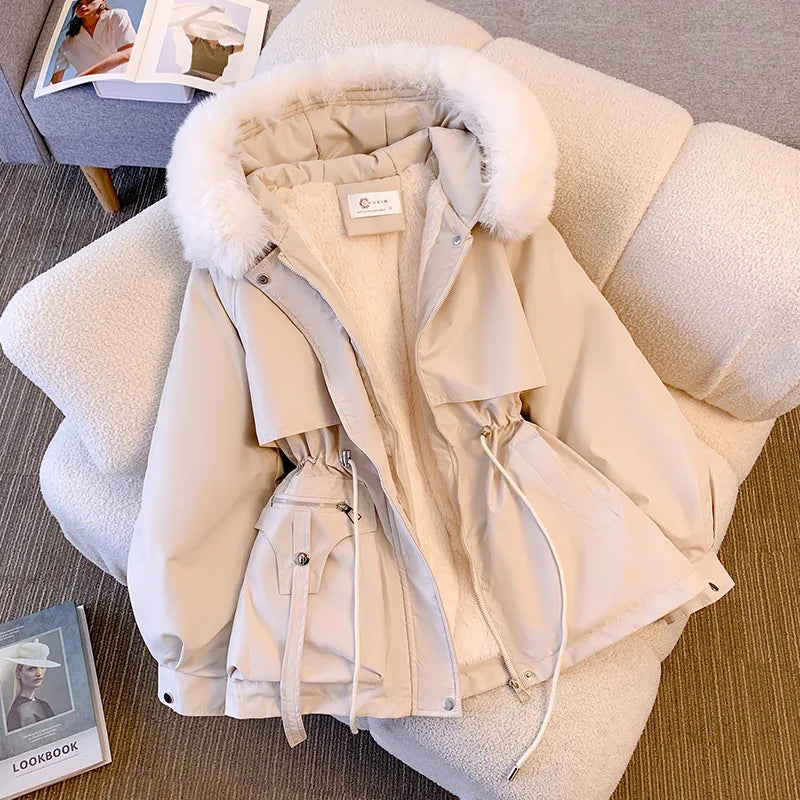 Fleece Lined Hood Down Jacket Winter Coat for Women Warm Drawstring Padded Parkas Korean Casual Streetwear Female Puffer Outwear Stone's Store