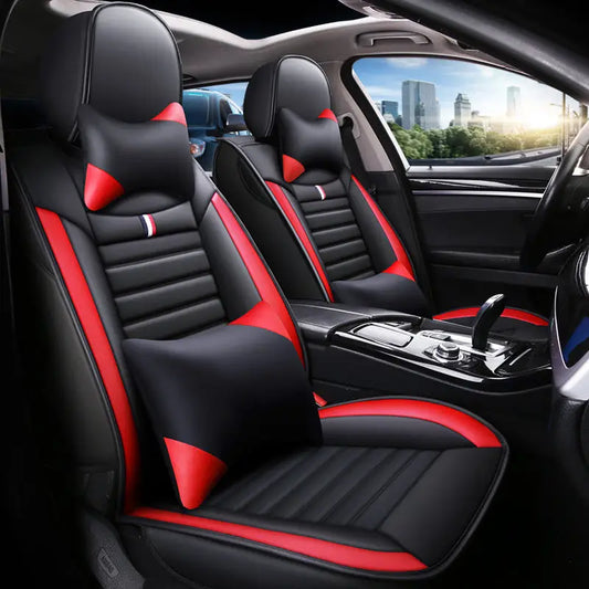 5-Seater Full Set Sporty Style Black Blue Leather Car Seat Cover Waterproof Interior Accessory