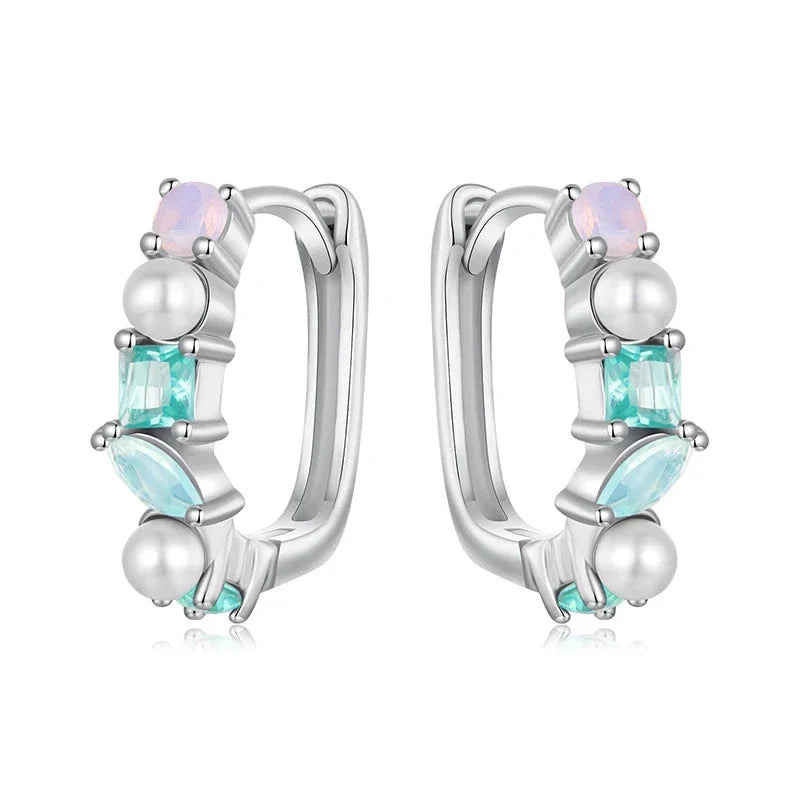 925 Silver Multi Color Stone Hoop Earrings Opal Pearl Rainbow Finger Ring