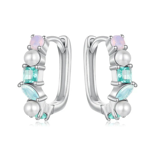 925 Silver Multi Color Stone Hoop Earrings Opal Pearl Rainbow Finger Ring