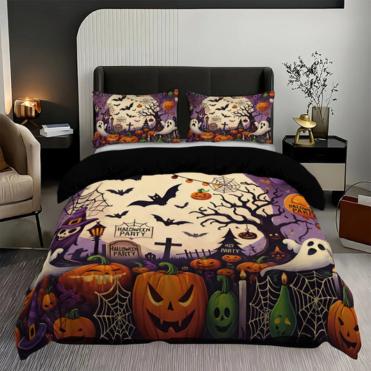 3-piece Halloween themed ghost, bat, and pumpkin patterned duvet cover set, 1 duvet cover+2 pillowcases, coreless
