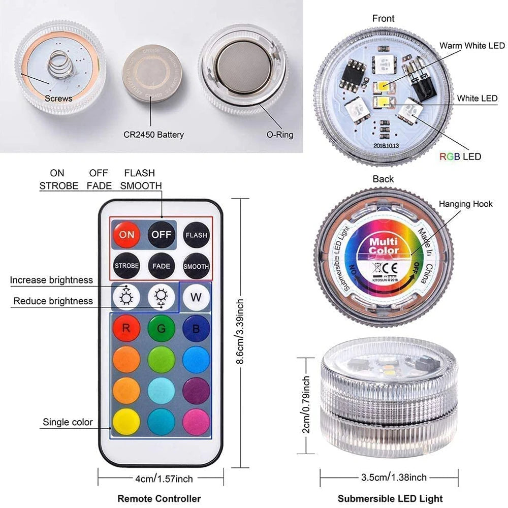 Mini Submersible LED Lights with Remote Multicolor Waterproof Small