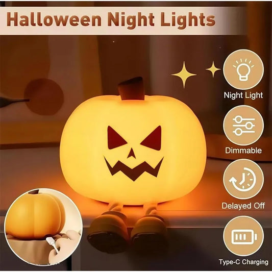 Halloween Pumpkin Night Lights Cute Soft Silicone Safe Lamp Decorations Timing Dimmable Bedside Decor Kids Baby Halloween Gifts
