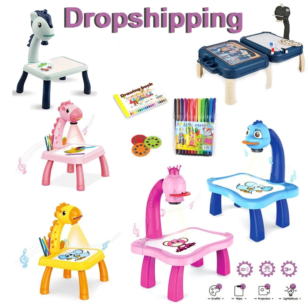 LED Projector Kids Painting Board Toys Art Painting Table Desk