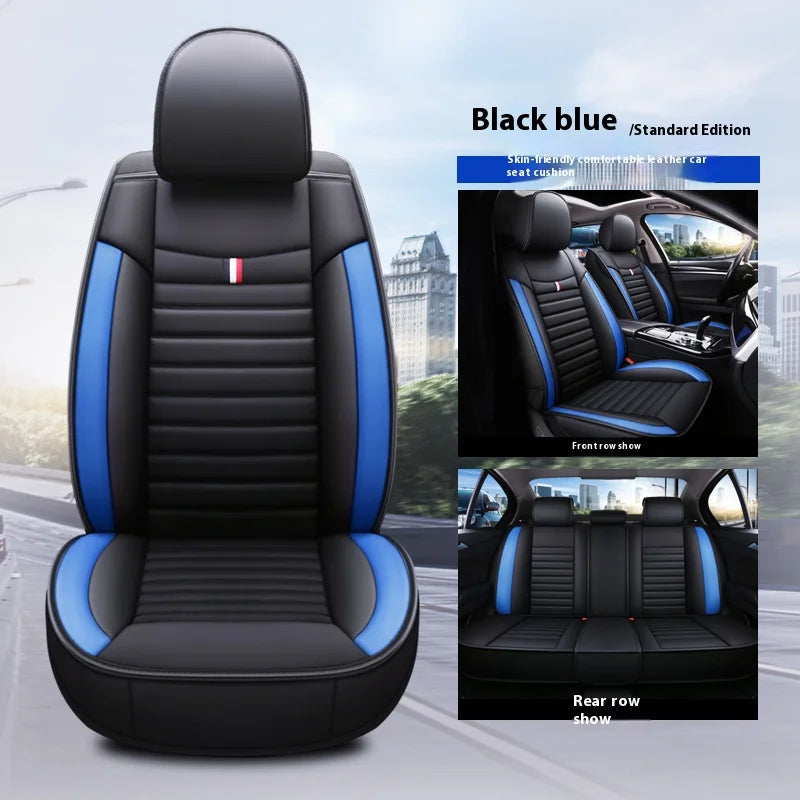 5-Seater Full Set Sporty Style Black Blue Leather Car Seat Cover Waterproof Interior Accessory