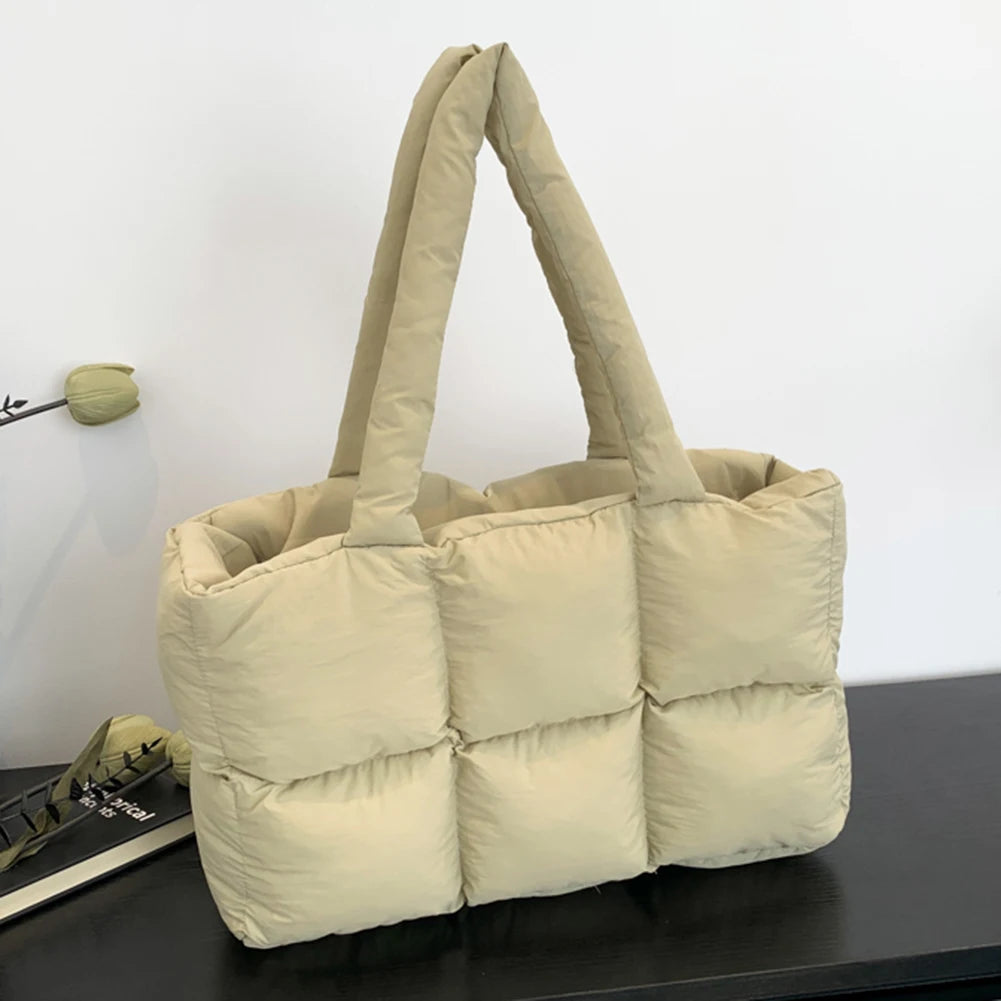 Women Puffer Shoulder Bag Solid Color Quilted Fashion Shopping Bag Large Capacity Soft Cloud Tote Bag Trendy Commuting Bags