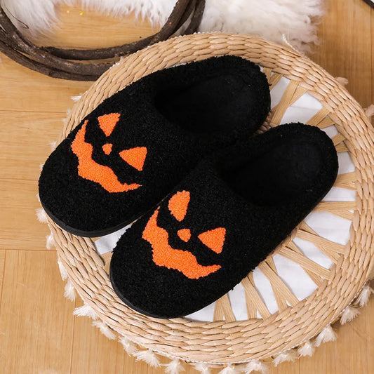 Cozy Halloween Pumpkin Slippers Women Soft Plush Non Slip Indoor Cotton Slides Woman Keep Warm Comfortable Winter House Slippers
