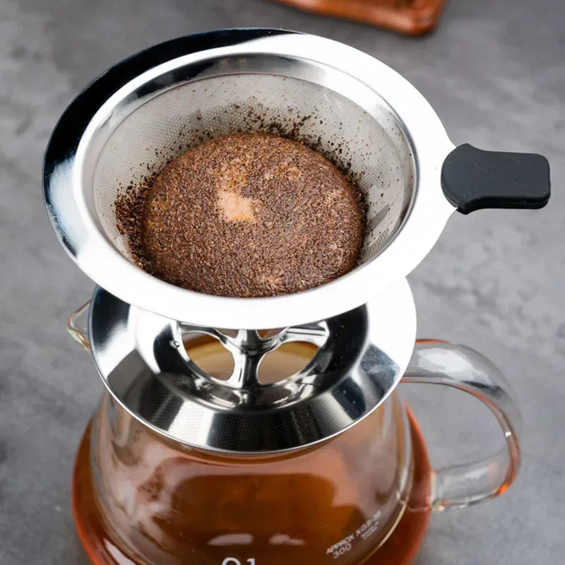 Reusable Double Layer Stainless Steel Coffee Filter with Stand Holder Pour Over Coffee Dripper Mesh Coffee Tea Filter Basket