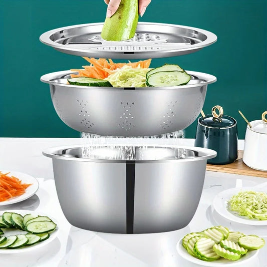 3 In 1 Stainless Steel Vegetable Slicer Cutter Multifunctional Strainer for Washing and Slicing Fruits, Vegetable Kitchen Gadget