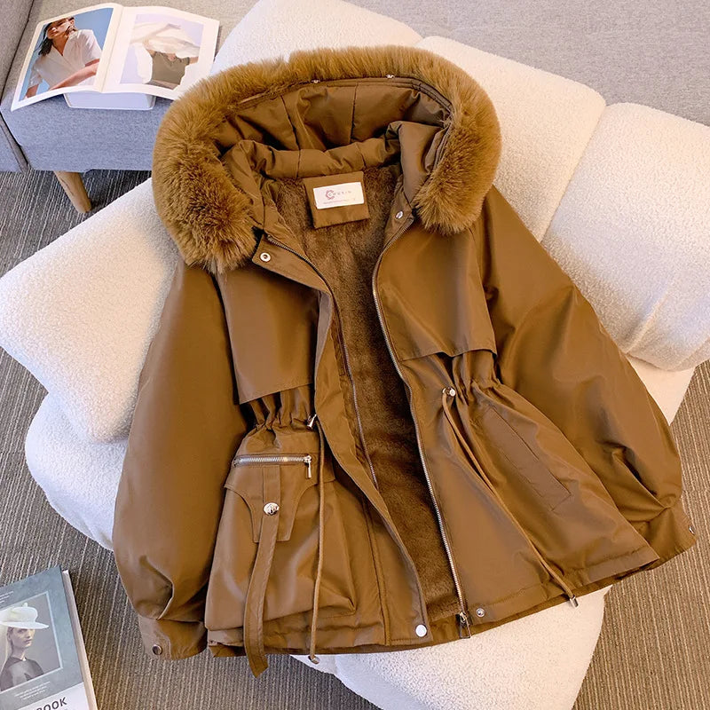 Fleece Lined Hood Down Jacket Winter Coat for Women Warm Drawstring Padded Parkas Korean Casual Streetwear Female Puffer Outwear Stone's Store