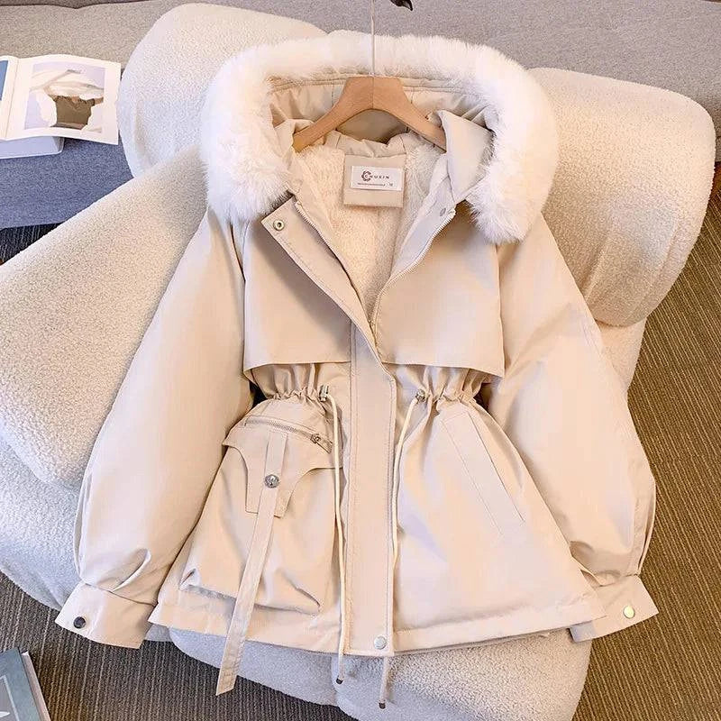 Fleece Lined Hood Down Jacket Winter Coat for Women Warm Drawstring Padded Parkas Korean Casual Streetwear Female Puffer Outwear Stone's Store