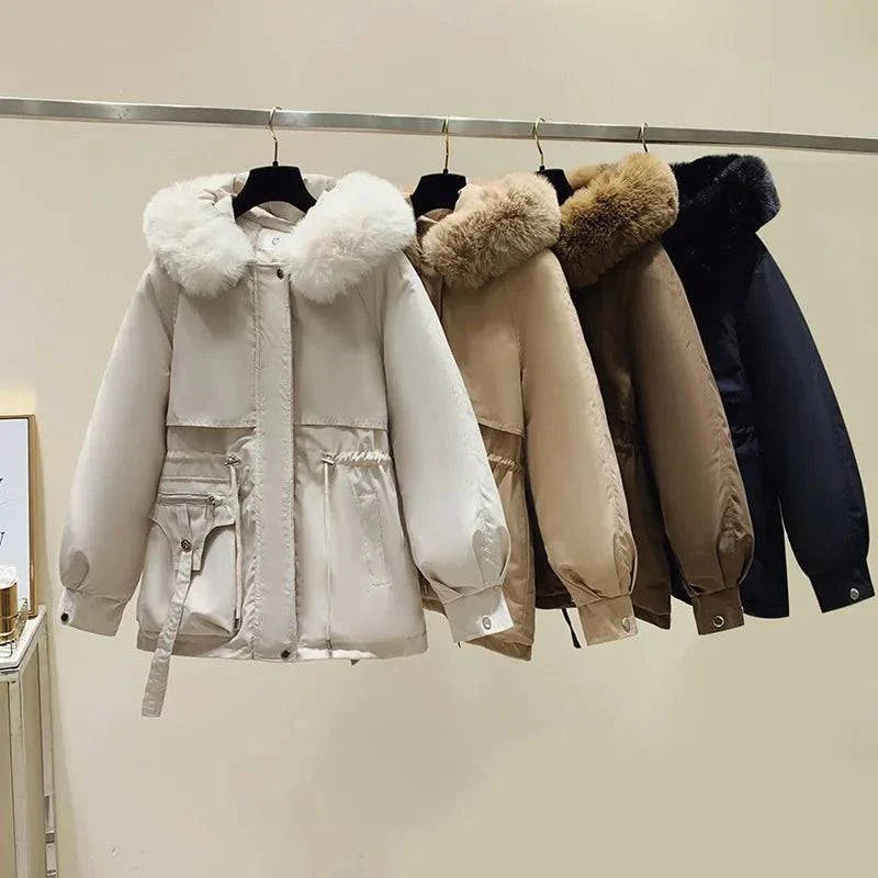 Fleece Lined Hood Down Jacket Winter Coat for Women Warm Drawstring Padded Parkas Korean Casual Streetwear Female Puffer Outwear Stone's Store