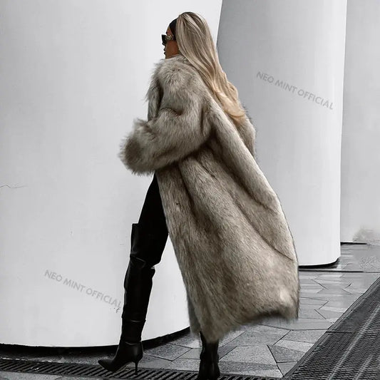 Neo Mint Luxury Mob Wife Aesthetic Long Faux Fur Coat Women Winter