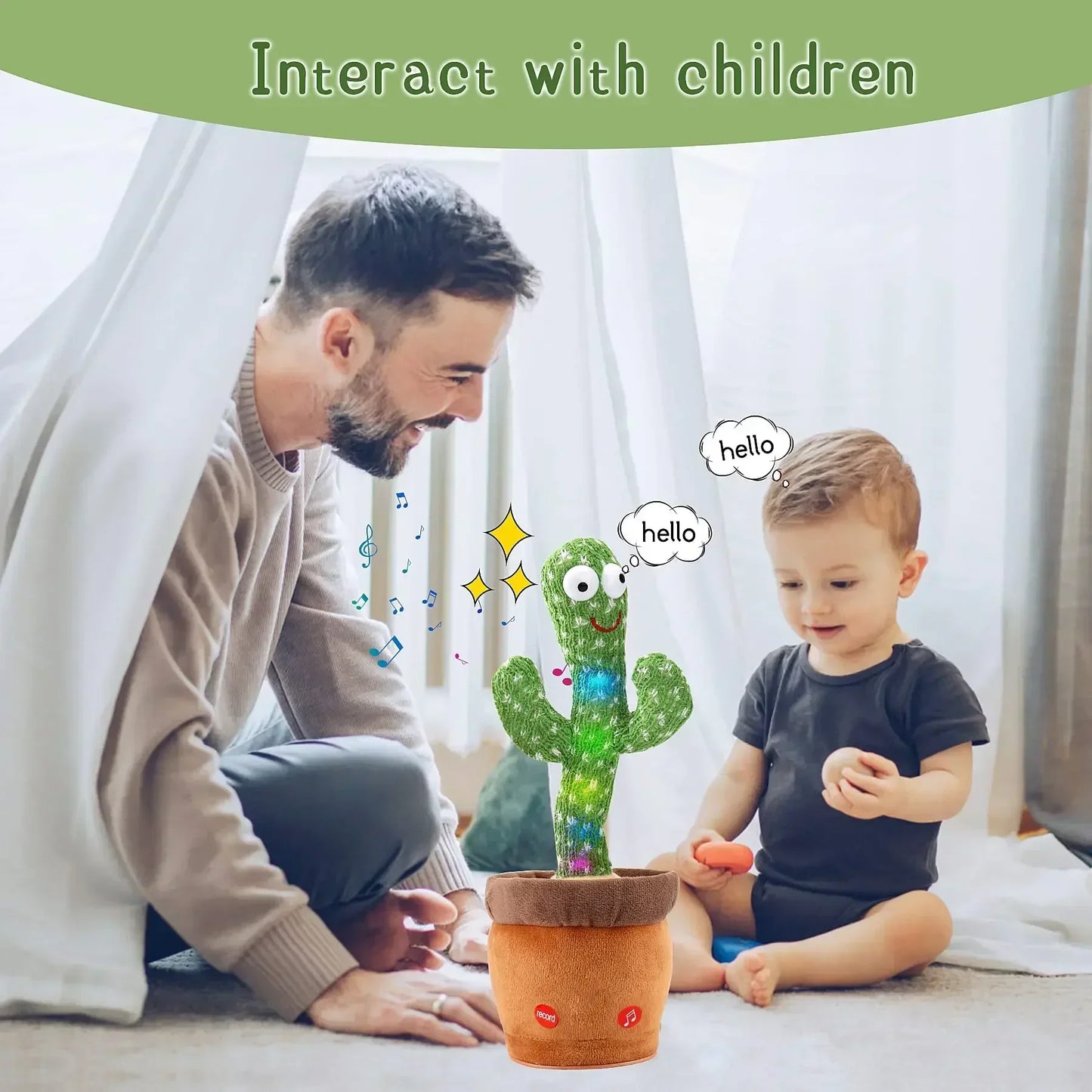 A talking cactus toy that can be charged, recorded, and repeated. Suitable for Spanish, English, and Arabic voice changer