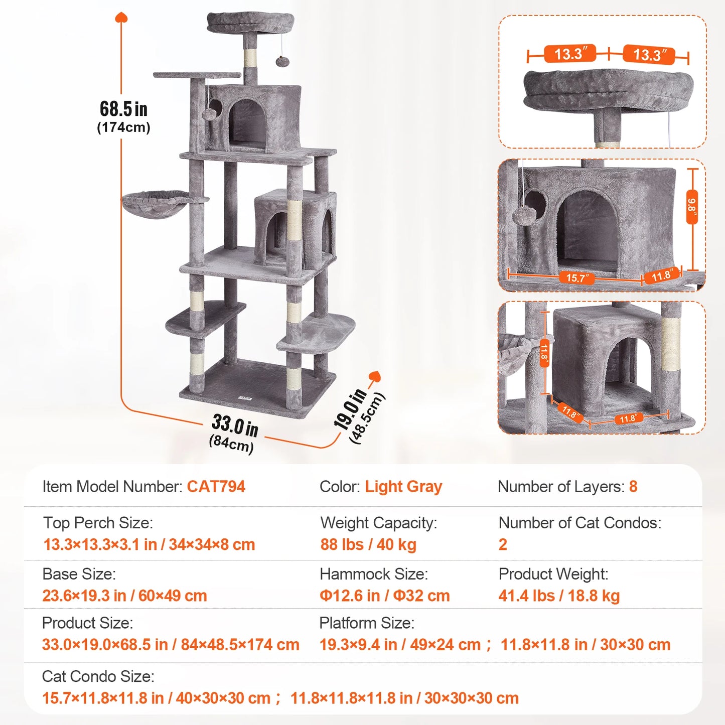 45.2" Cat Tower with Cat Condo Sisal Scratching Post