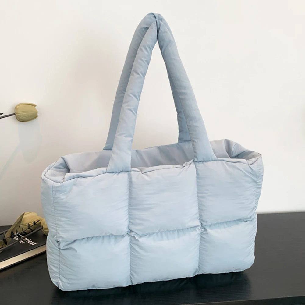 Women Puffer Shoulder Bag Solid Color Quilted Fashion Shopping Bag Large Capacity Soft Cloud Tote Bag Trendy Commuting Bags