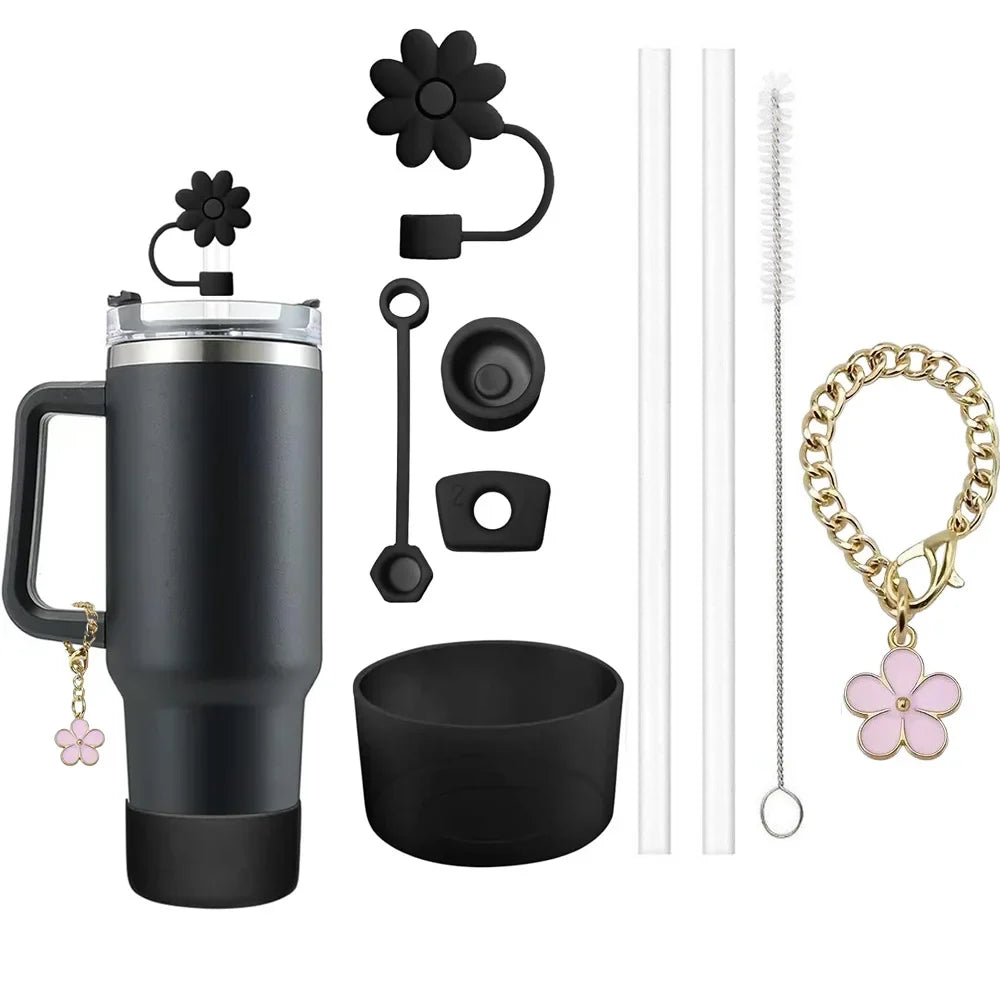 9pcs Accessories Set 3 Spill Proof Stopper Flowers Straw Cover Boot 2 Straw and Brush and 1 Flower Charm Chain for Stanley Cup Shop1103950439 Store
