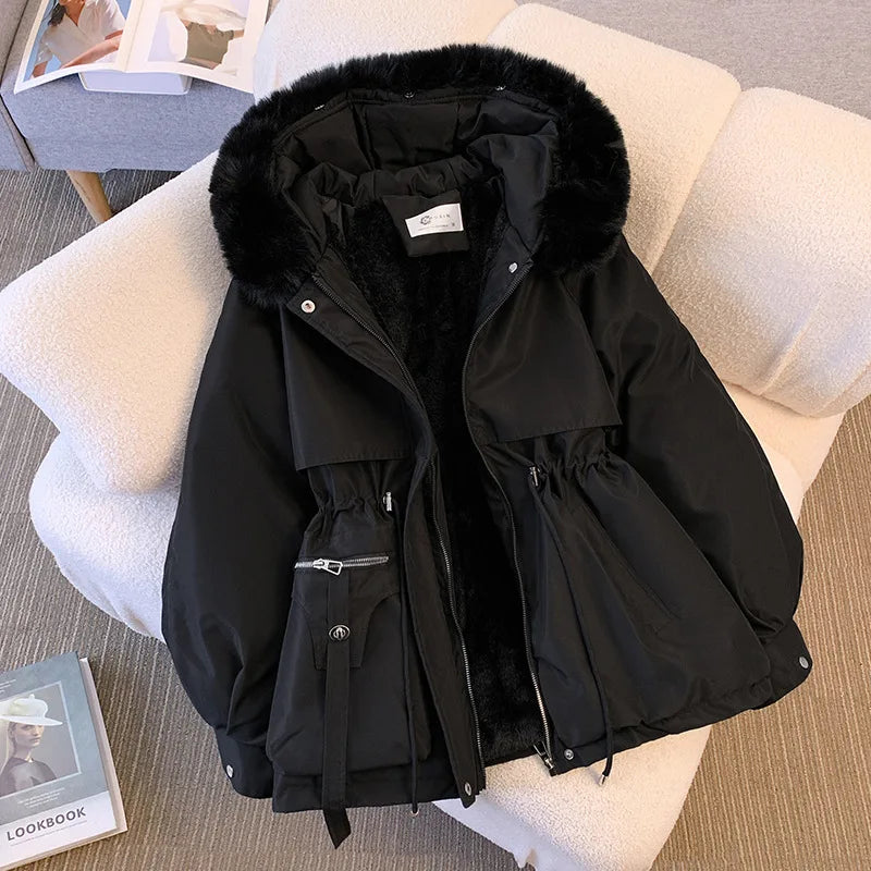Fleece Lined Hood Down Jacket Winter Coat for Women Warm Drawstring Padded Parkas Korean Casual Streetwear Female Puffer Outwear Stone's Store