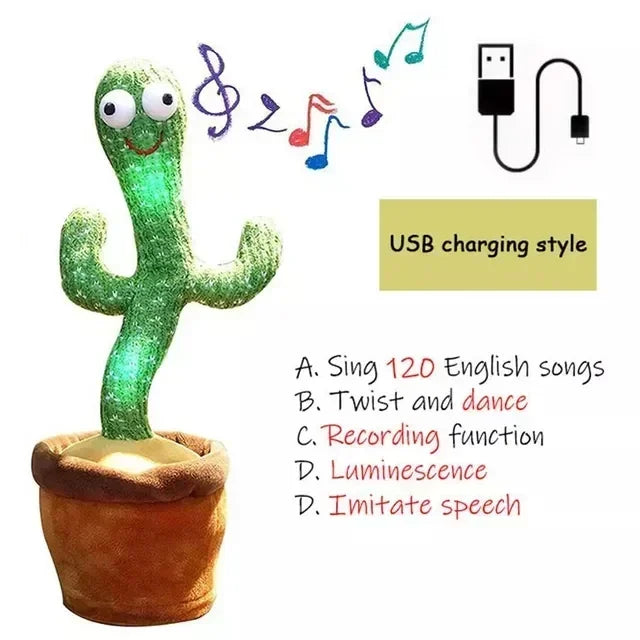 A talking cactus toy that can be charged, recorded, and repeated. Suitable for Spanish, English, and Arabic voice changer