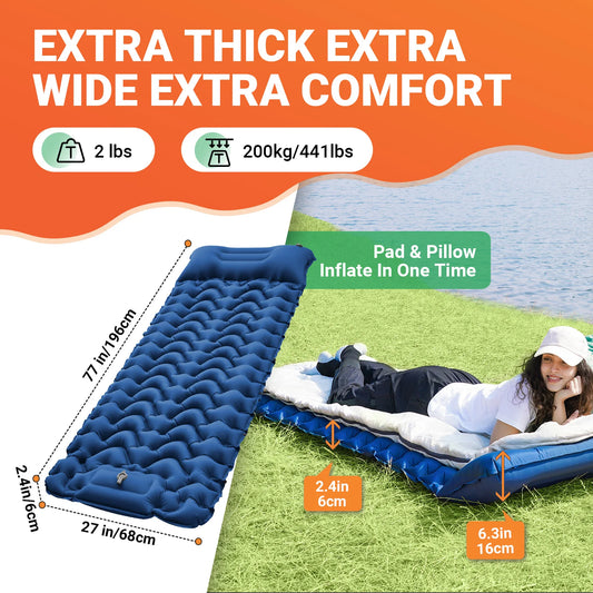 KingCamp Self Inflating Sleeping Pad, Ultralight Inflatable Sleeping Mat With Pillow Built-in Foot Pump For Hiking, Traveling
