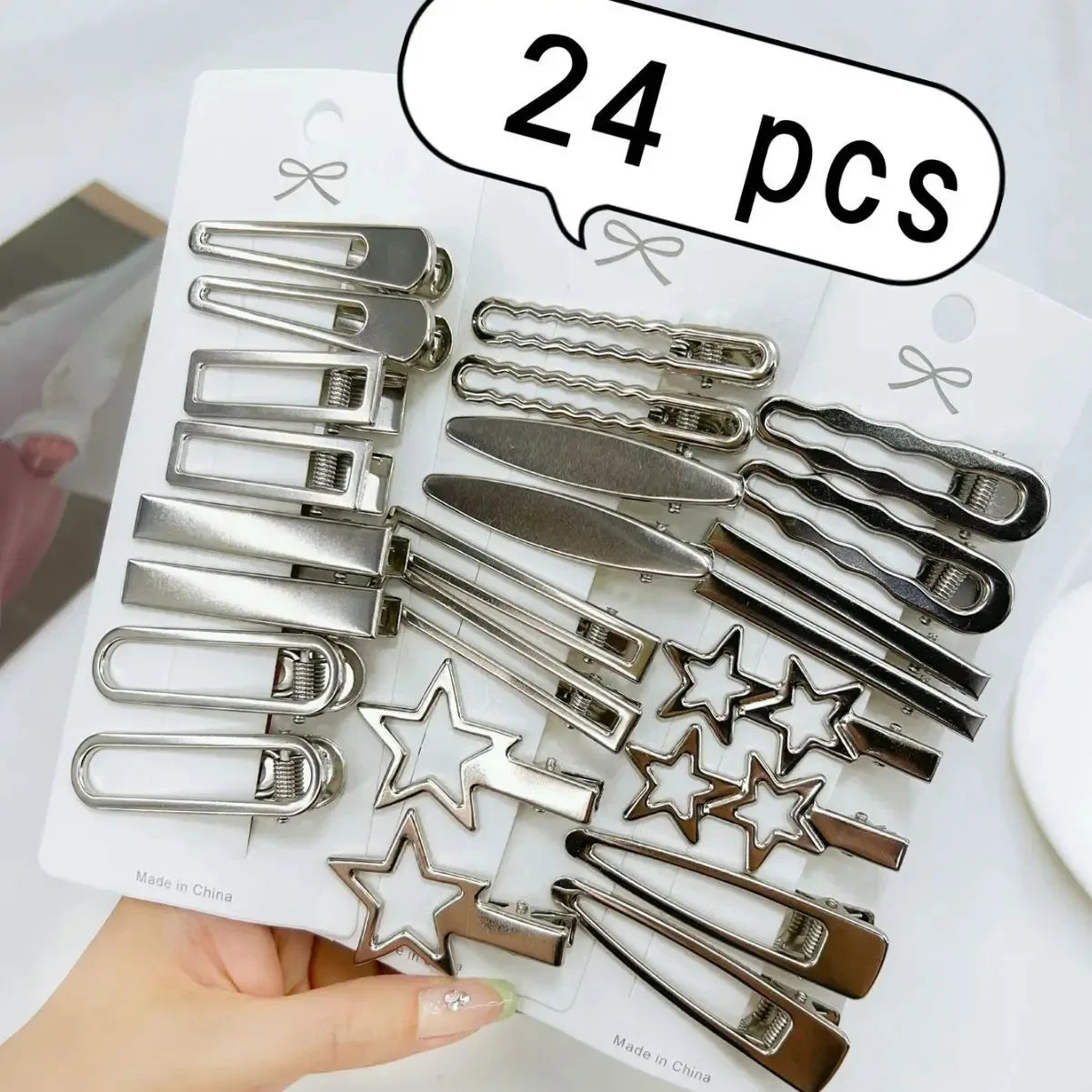 24Pcs/Set Y2K Silver Metal Hairpins for Women Girls Star Hair Clip Multiple Styles Seamless Duckbill Clip Girls Hair Accessoires Xihui Headwear Store