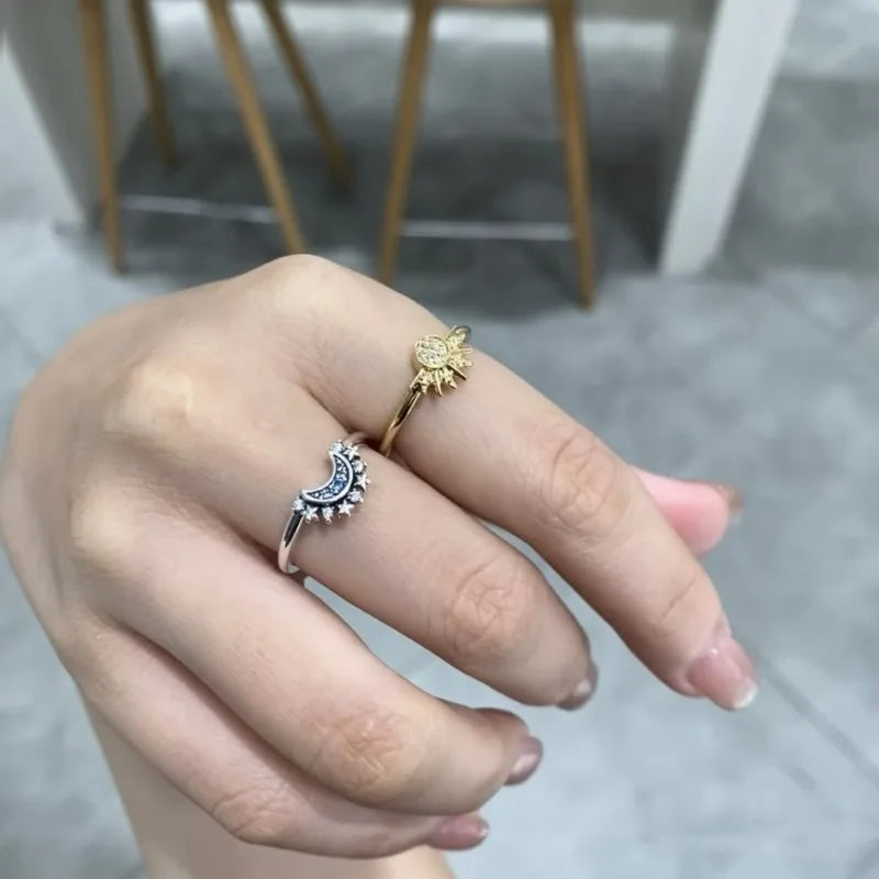 2pc/set Summer Couple Ring Set Sky Blue Sparkling Moon and Sun Ring