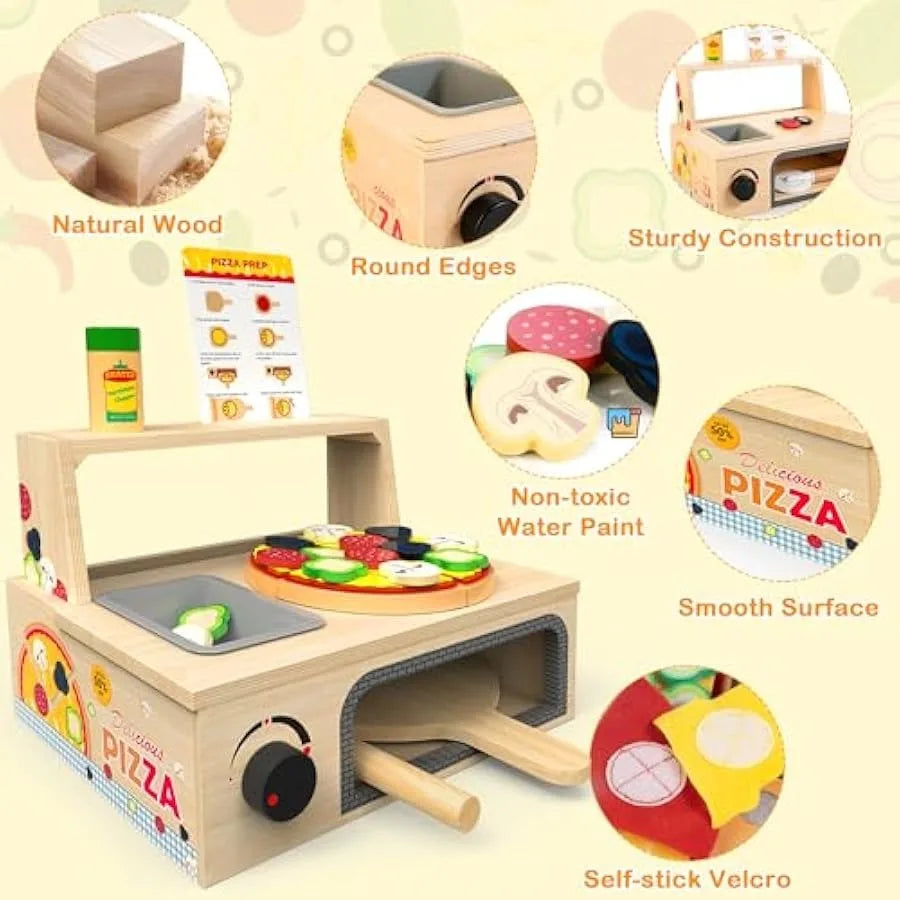 Wooden Pizza Toy - 48 PCS Montessori Pretend Play Food for Ages 3+ Educational Learning Toy Wooden Playset with Bake Oven Chris