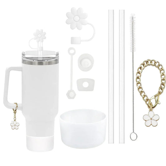9pcs Accessories Set 3 Spill Proof Stopper Flowers Straw Cover Boot 2 Straw and Brush and 1 Flower Charm Chain for Stanley Cup Shop1103950439 Store