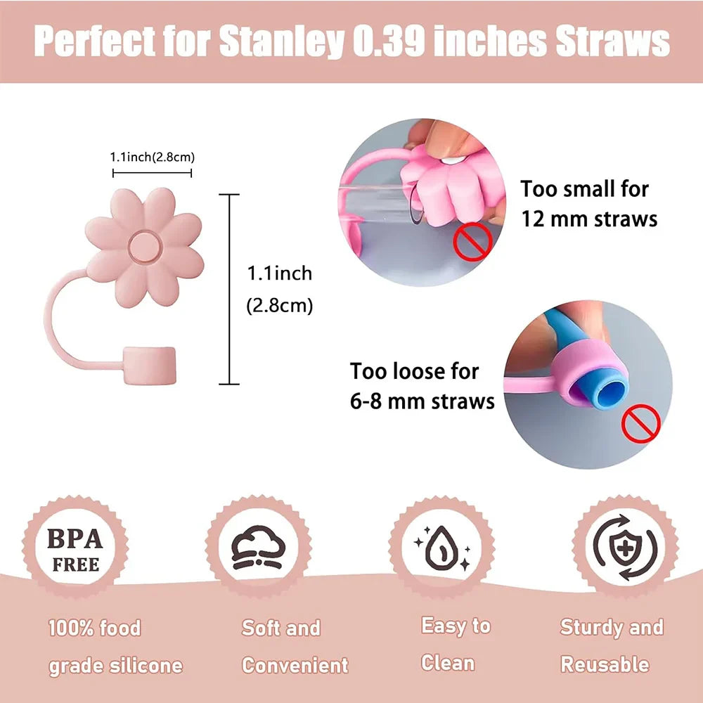 9pcs Accessories Set 3 Spill Proof Stopper Flowers Straw Cover Boot 2 Straw and Brush and 1 Flower Charm Chain for Stanley Cup Shop1103950439 Store