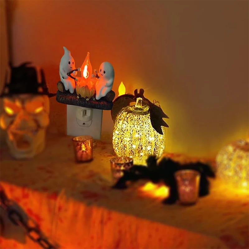 Cute Ghost Campfire Night Light Halloween Pumpkin Flickering Room