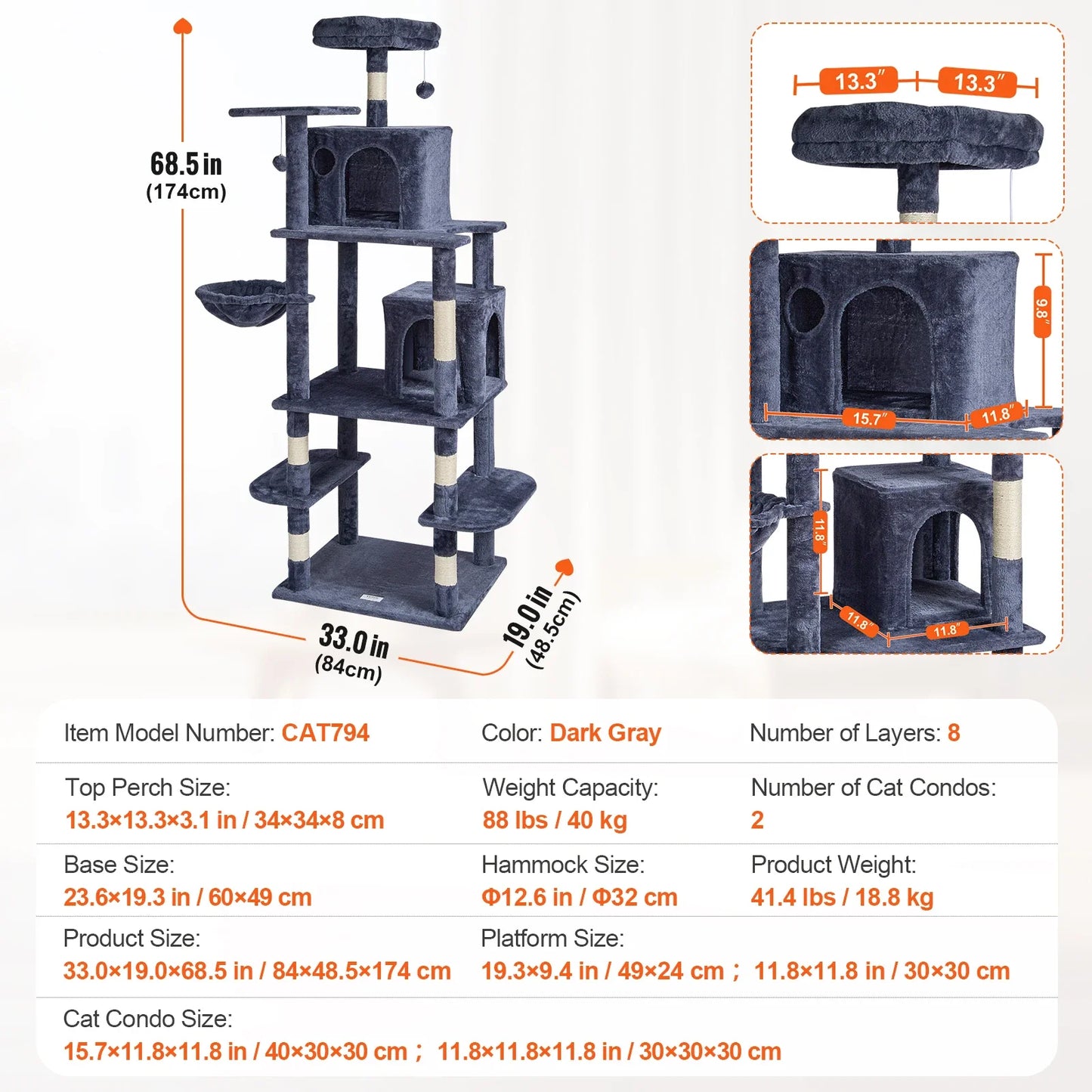 45.2" Cat Tower with Cat Condo Sisal Scratching Post