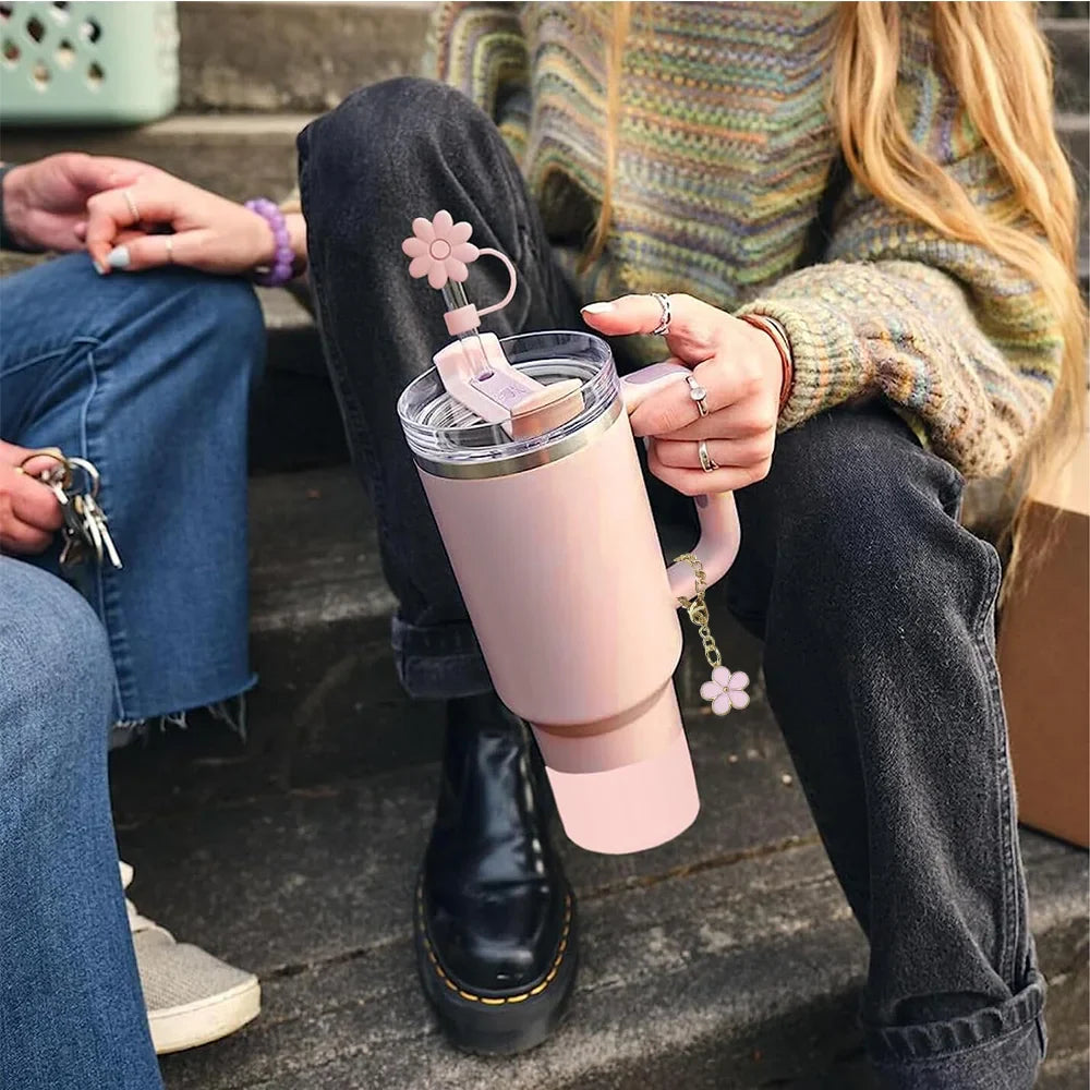9pcs Accessories Set 3 Spill Proof Stopper Flowers Straw Cover Boot 2 Straw and Brush and 1 Flower Charm Chain for Stanley Cup Shop1103950439 Store