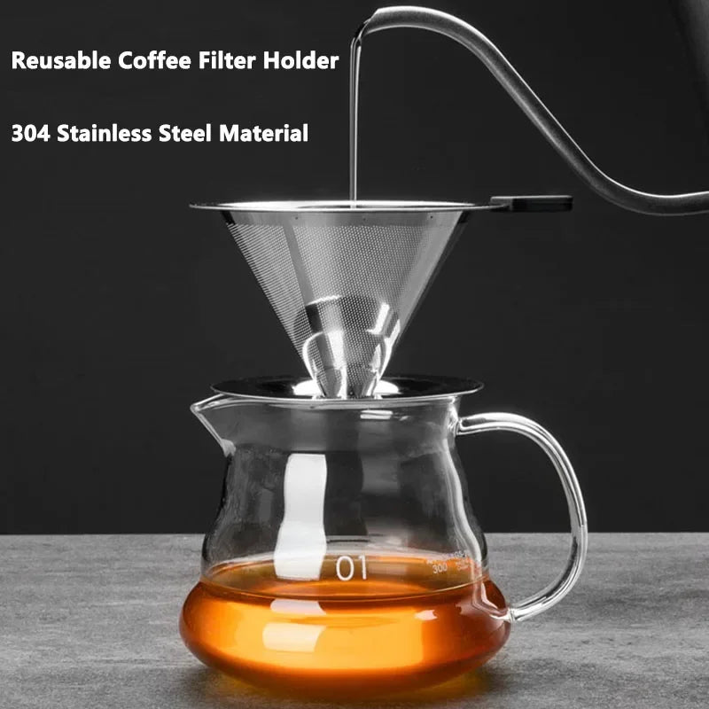 Reusable Double Layer Stainless Steel Coffee Filter with Stand Holder Pour Over Coffee Dripper Mesh Coffee Tea Filter Basket