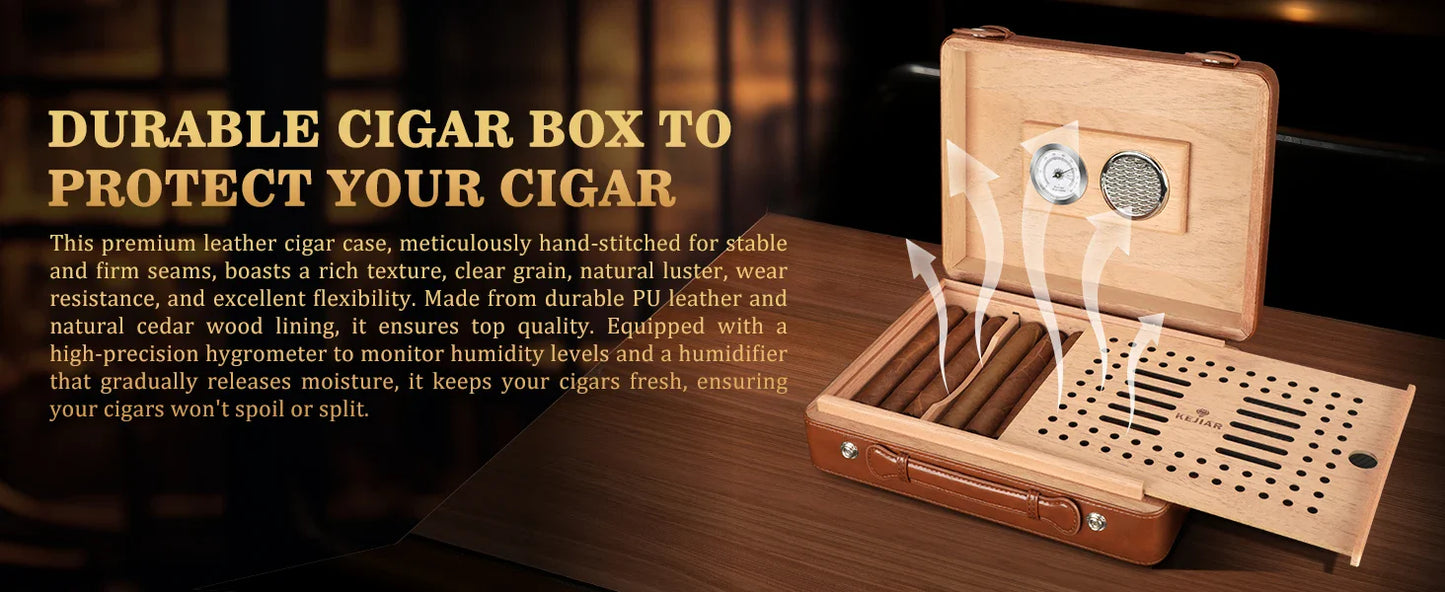 Cigar Humidor Case with Hygrometer, Humidor Box, Humidifier, Divider, Travel Cigar Case,Cedar Wood, Hold up to 50 Cigars