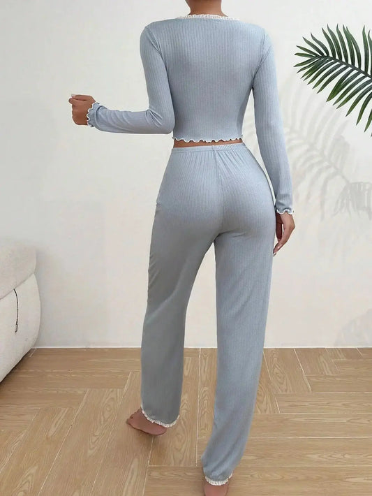 2025 Autumn Winter Homewear Pajamas Set for Women Long Sleeves Shirt Trousers 2 Pieces Sexy Lace Pijamas Sleepwear Loungewear South Bay Evans General Store