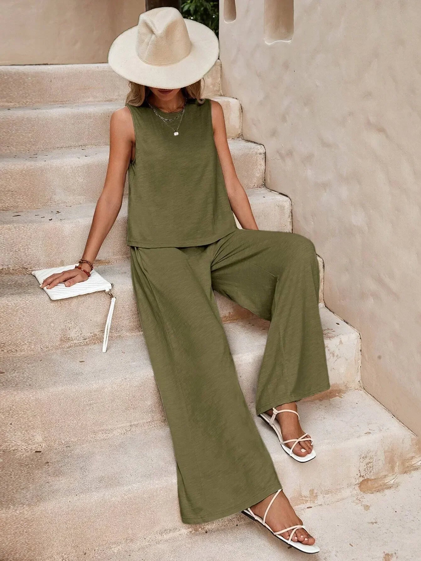 Round Neck Sleeveless Top and Wide Leg Pants Set