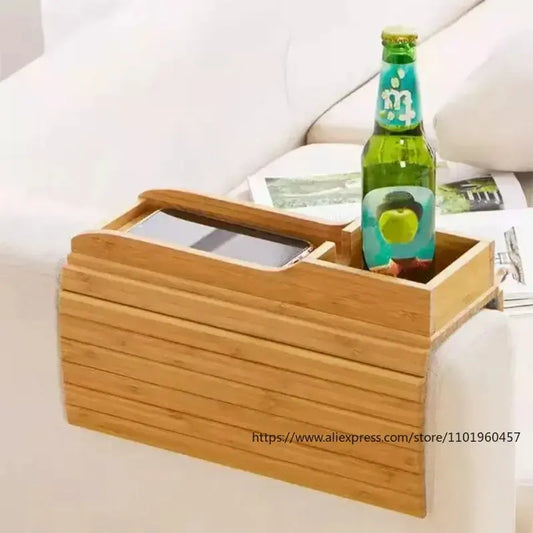Couch Cup Holder Natural Anti-Slip Bamboo Sofa Armrest Tray Foldable