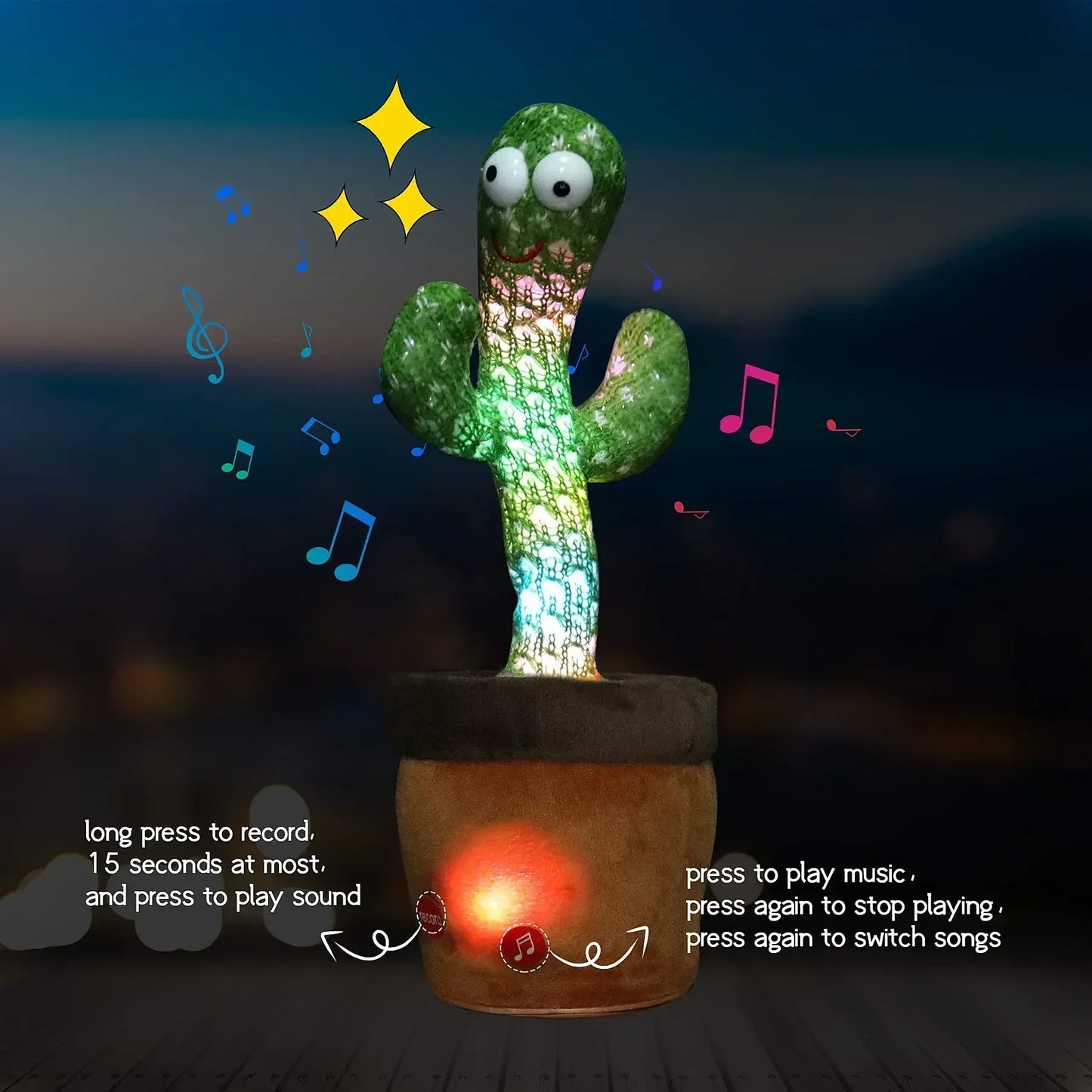 A talking cactus toy that can be charged, recorded, and repeated. Suitable for Spanish, English, and Arabic voice changer