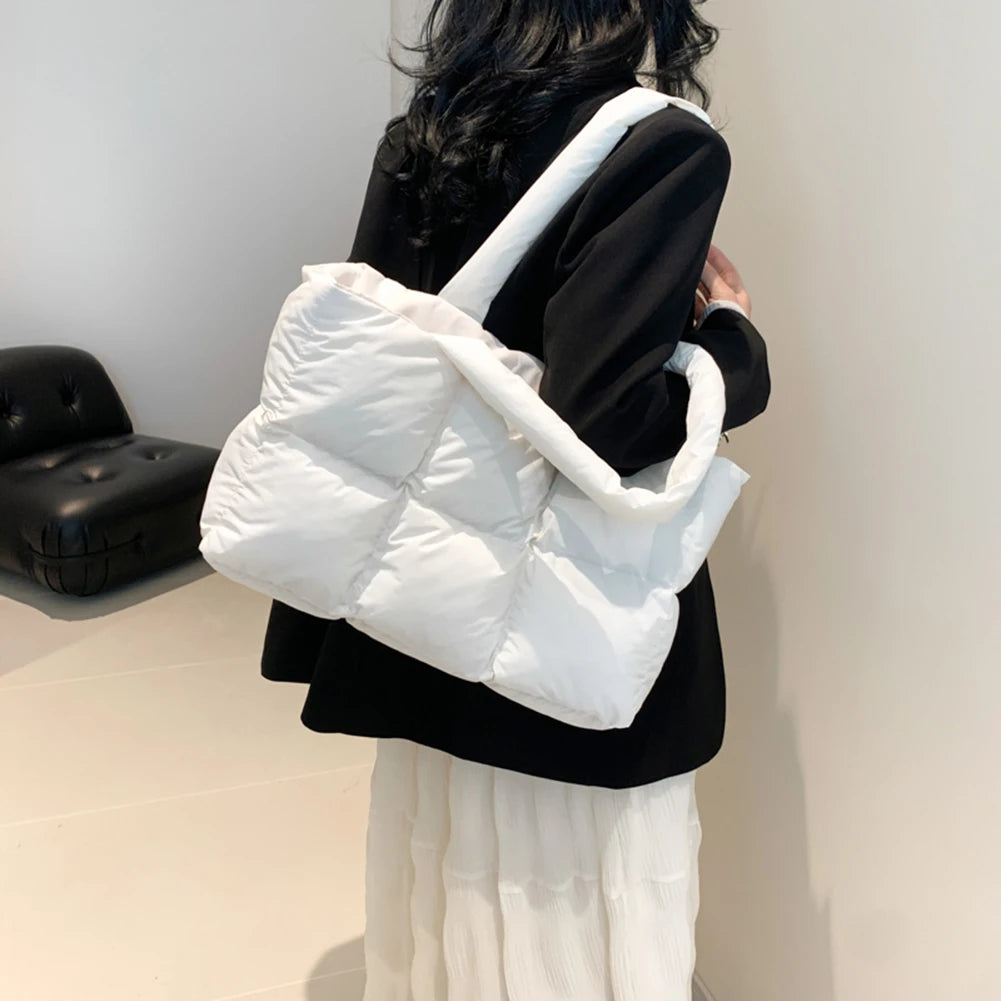 Women Puffer Shoulder Bag Solid Color Quilted Fashion Shopping Bag Large Capacity Soft Cloud Tote Bag Trendy Commuting Bags