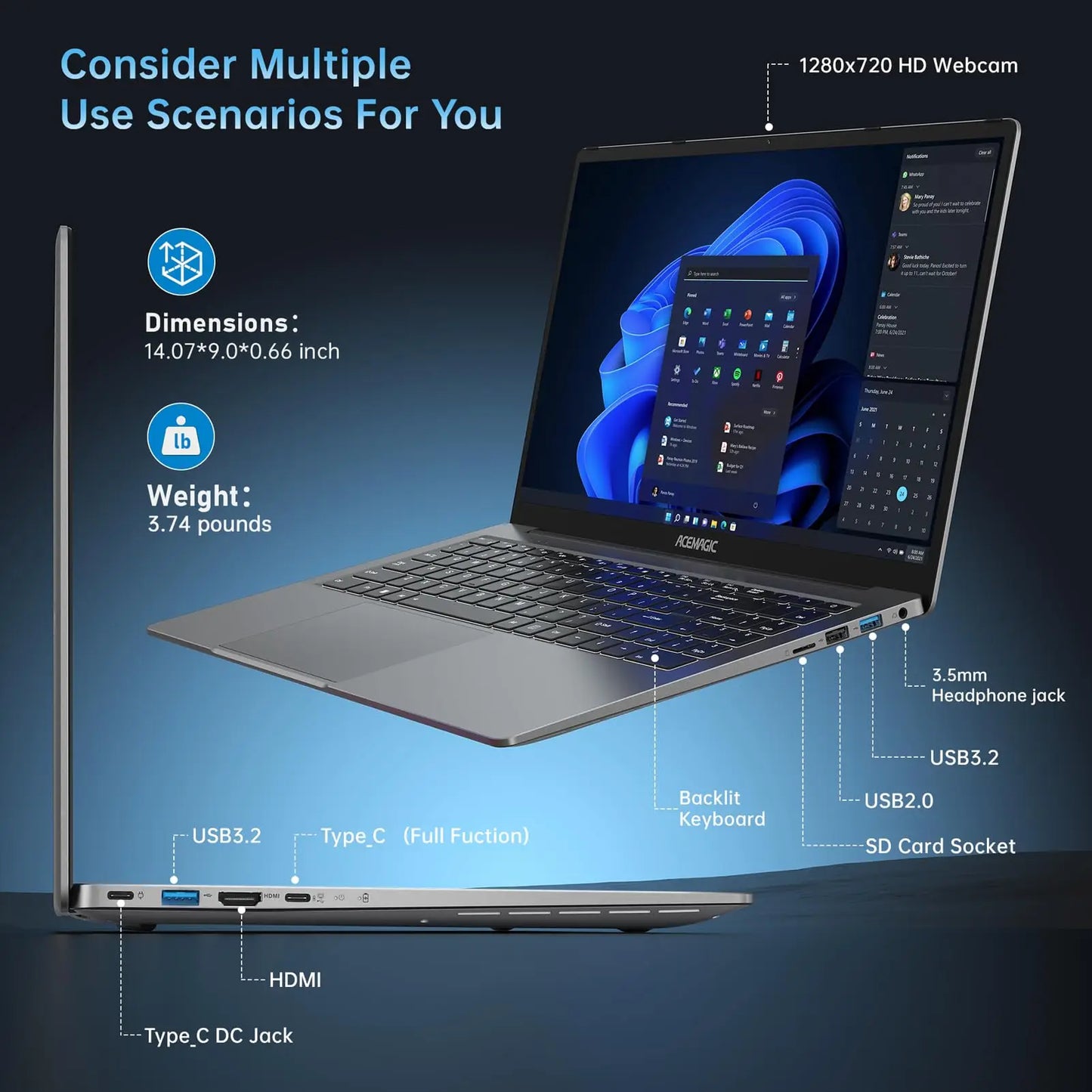 ACEMAGIC Gaming Notebook AMD Ryzen 7 5700U(Beat i7-1265U)Backlit Laptop Keyboard RAM 16GB NVME SSD 512GB 16.1" Full HD 1920x1080