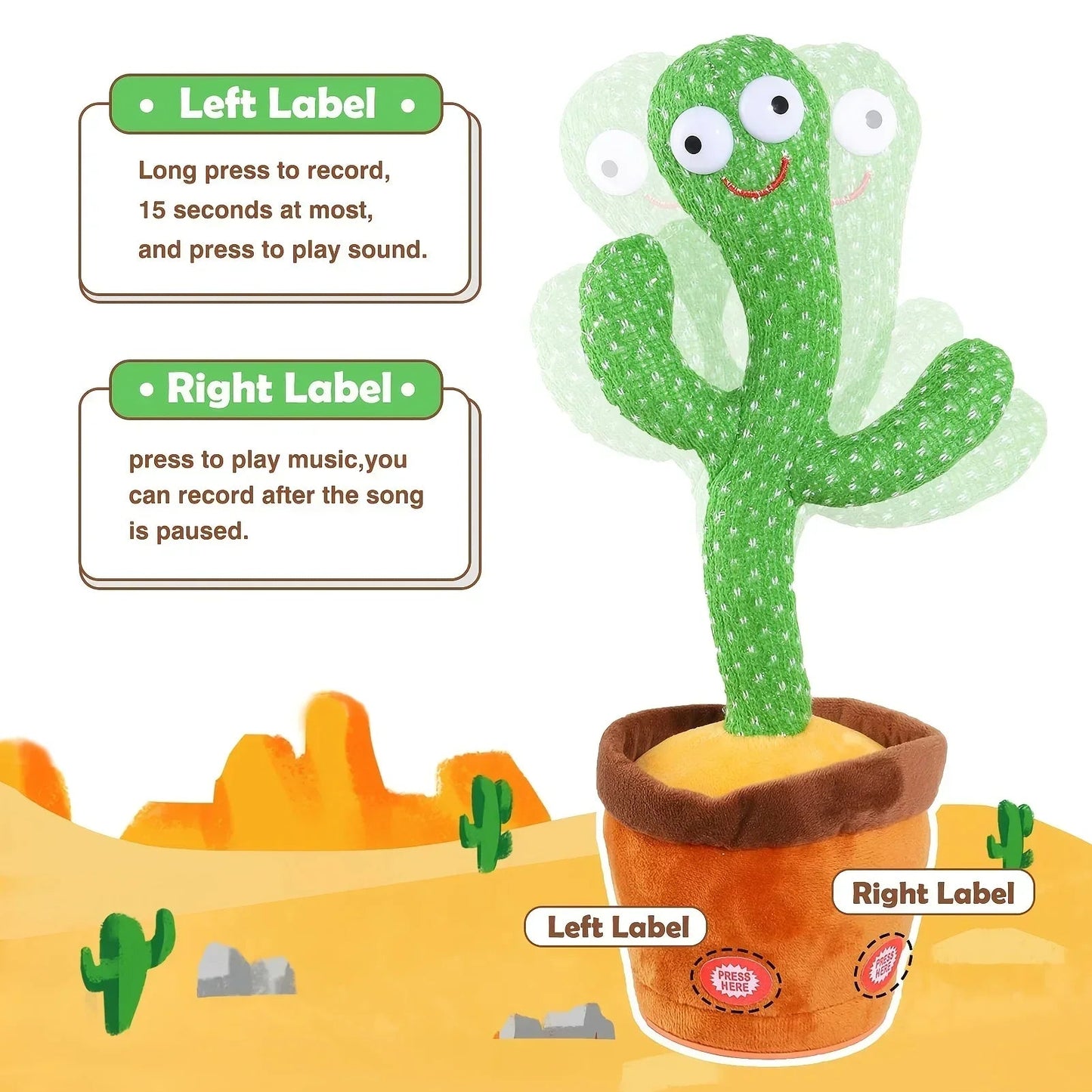 A talking cactus toy that can be charged, recorded, and repeated. Suitable for Spanish, English, and Arabic voice changer