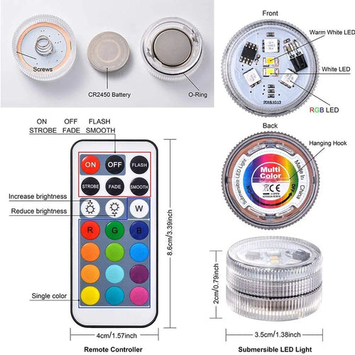 Mini Submersible LED Lights with Remote Multicolor Waterproof Small