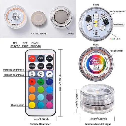 Mini Submersible LED Lights with Remote Multicolor Waterproof Small